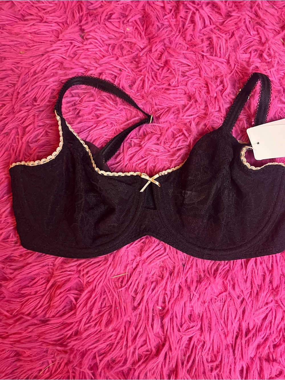 Black Lace Underwire Bra with Cream Trim and Bow